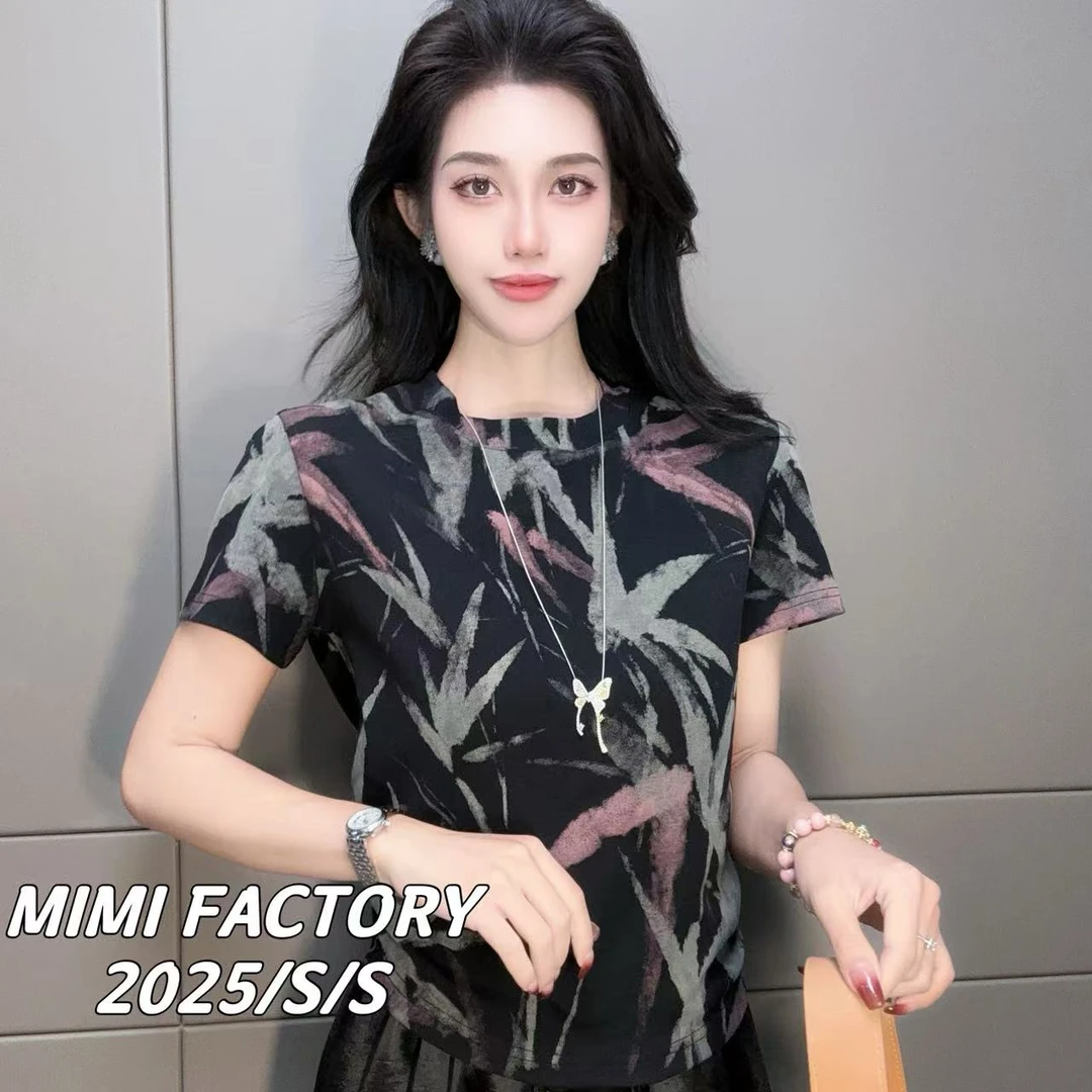 2025夏季新款 国风满印设计感短袖T恤女时尚百搭上衣#5473