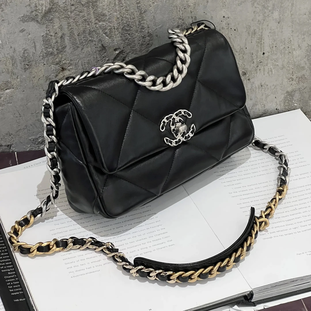 99新 Chanel/香奈儿 7283 黑银19bag手提斜挎包小号芯片款