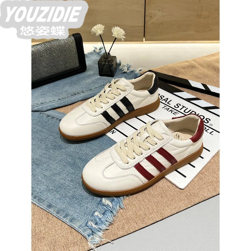 欧货牛皮德训鞋运动防滑平底休闲板鞋女轻奢复古经典百搭小白鞋潮