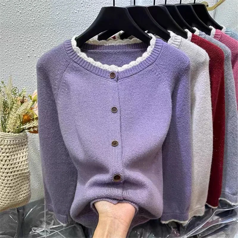 甜美温柔风拼色木耳边圆领羊毛减龄针织开衫女春新款宽松别致上衣