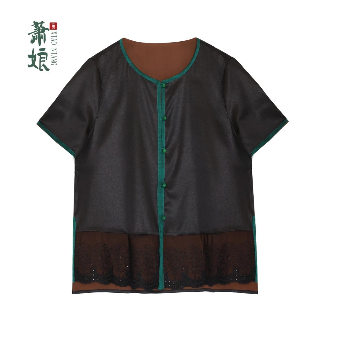 萧娘【清影】弹力缎桑蚕丝香云纱工艺新中式短袖百搭国风短外套5161