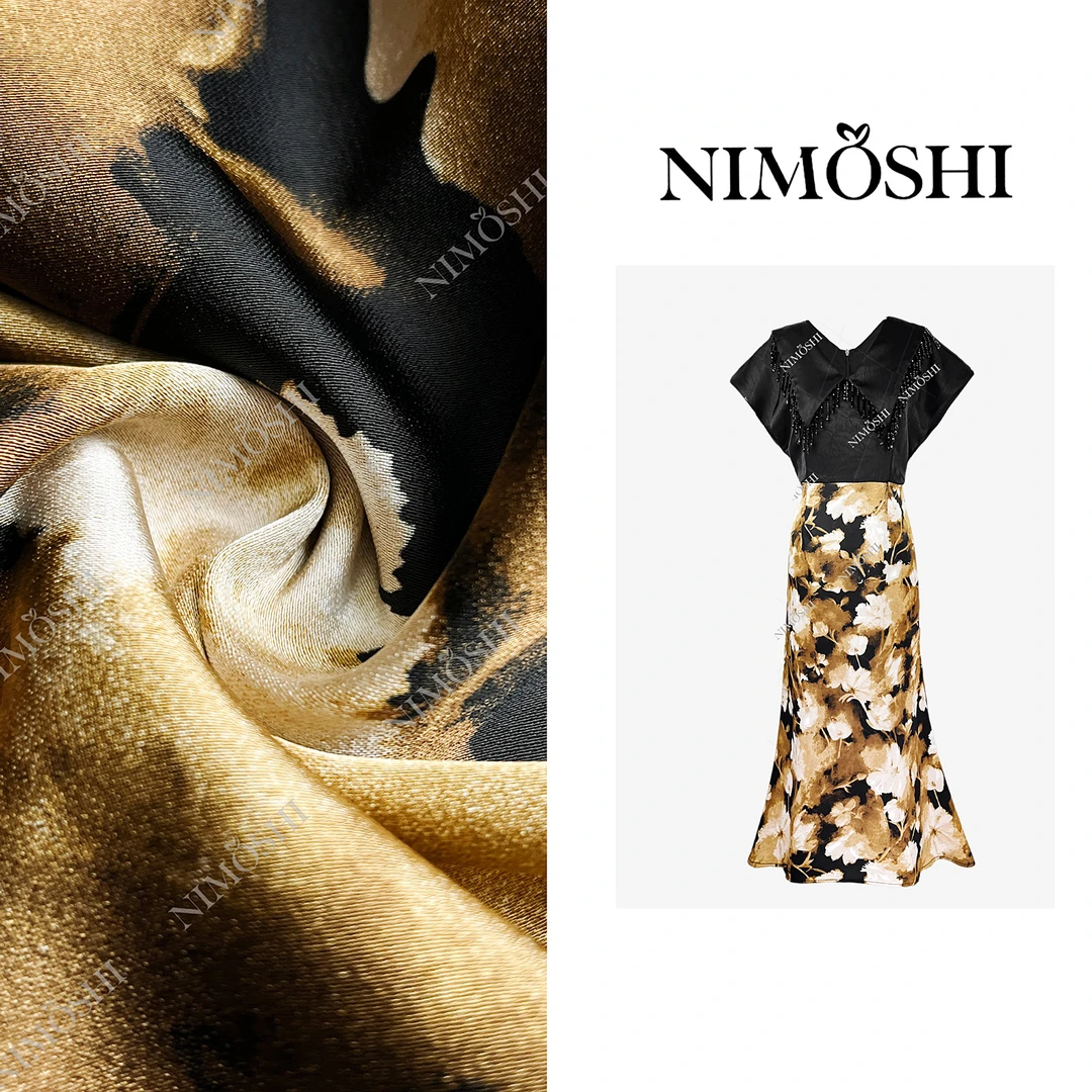 NIMOSHI莎莎韩式高级气质流苏设计花卉高腰气质鱼尾连衣裙Q1935