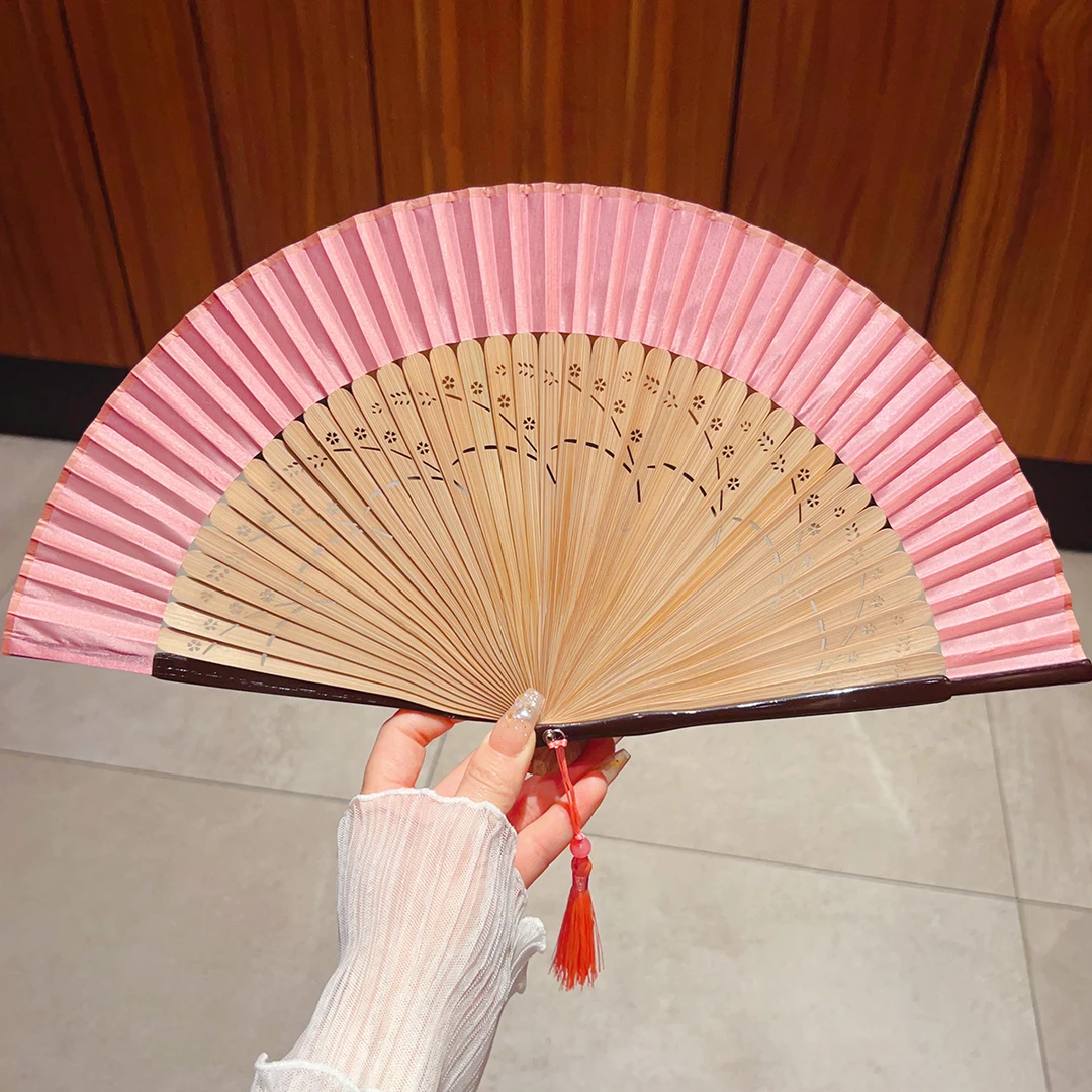 粉色素面古风折叠竹扇中国风夏季折叠扇新中式纳凉配汉服旗袍绫绢
