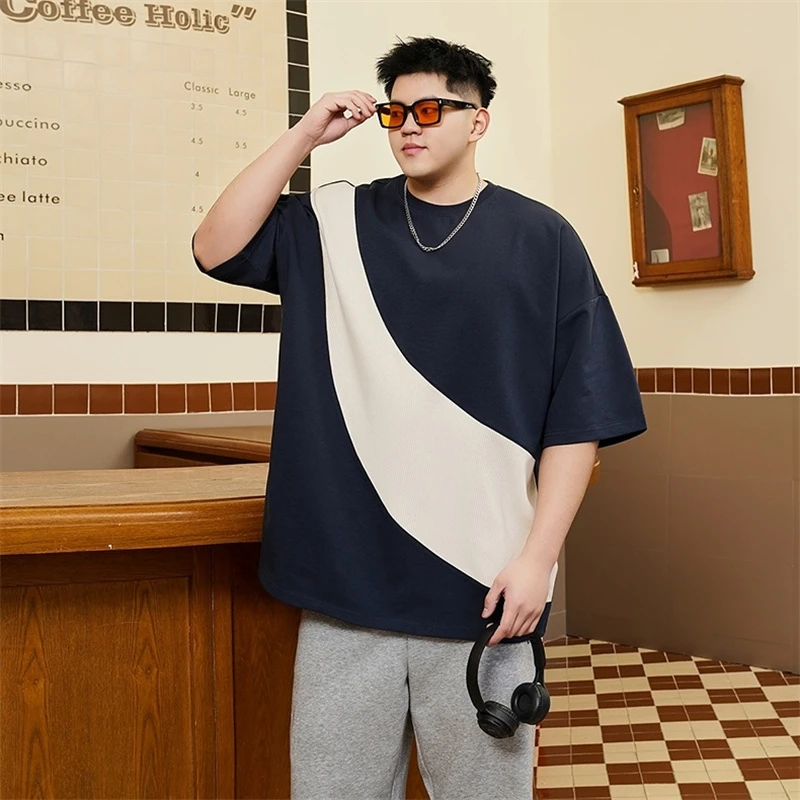 夏季潮流大码男装新款拼色短袖T恤休闲宽松拼接蓝色半袖体恤衫