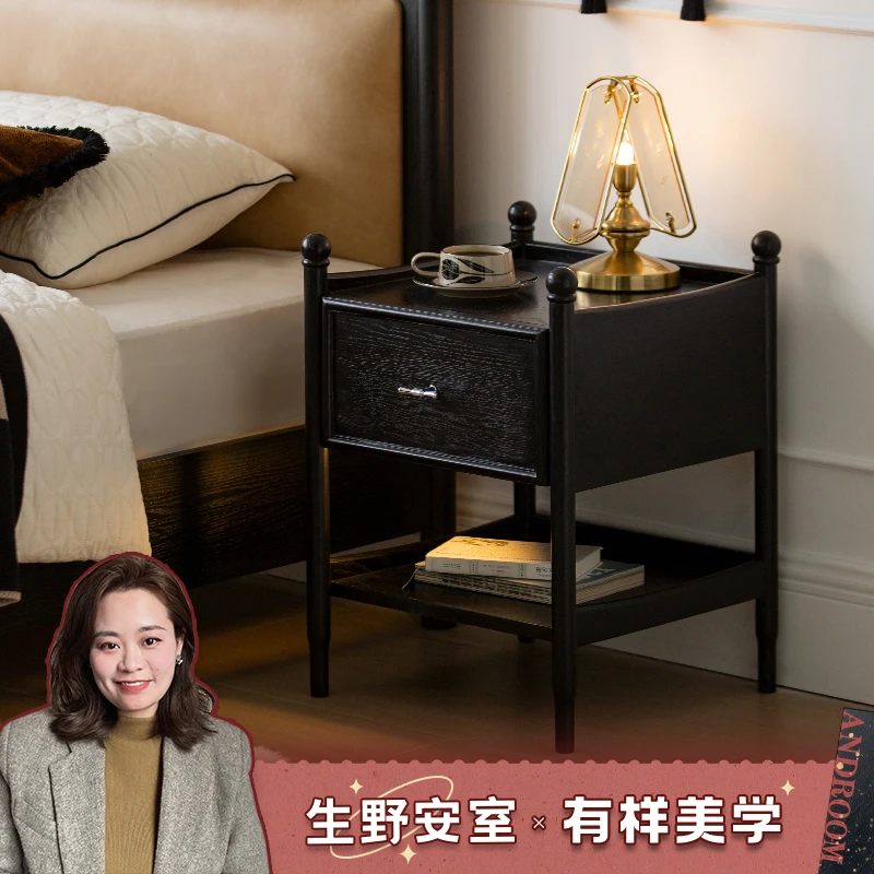 中古风实木床头柜子简约小户型床头置物架收纳家用卧室极窄床头柜