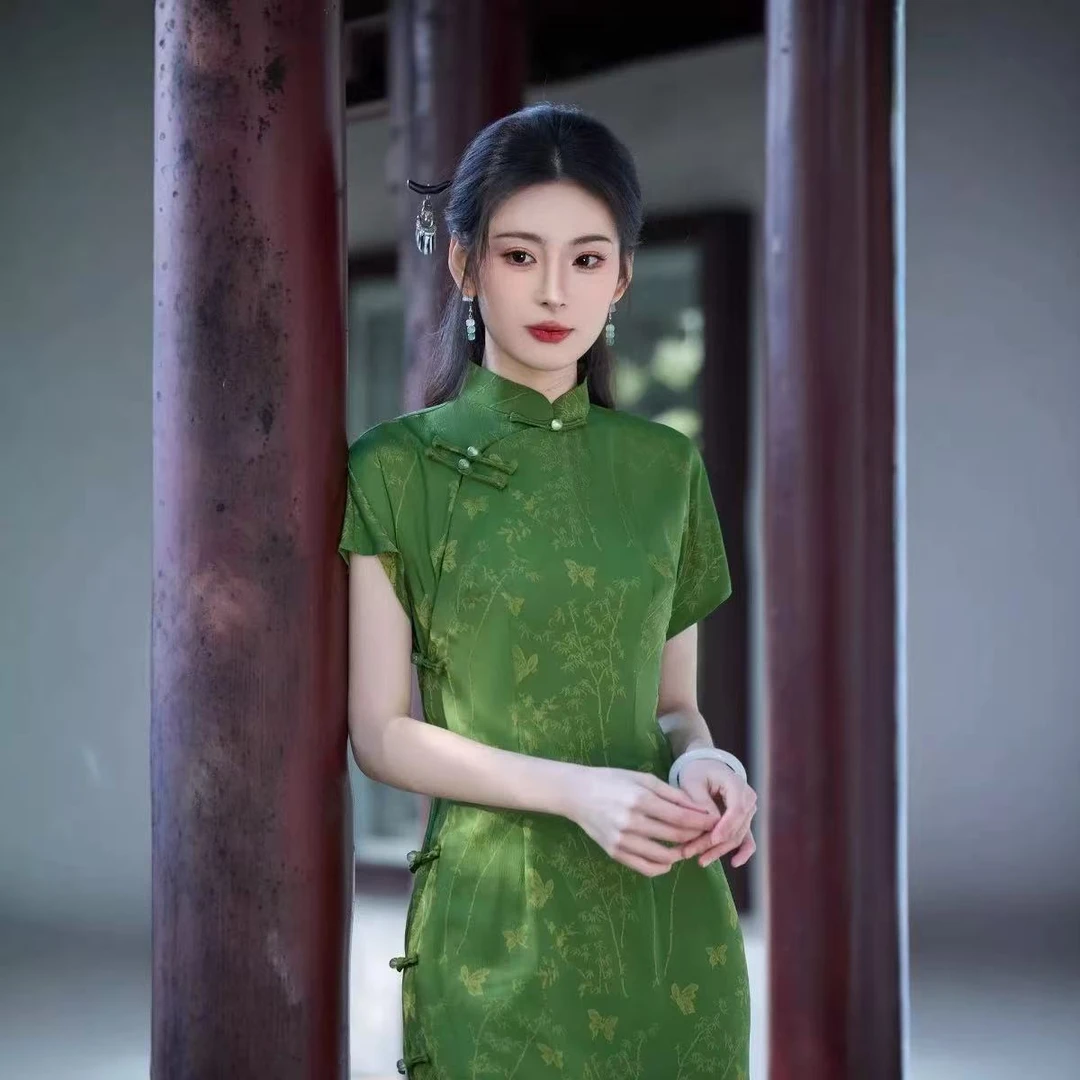 年轻款古法全开襟『绿蝶』旗袍
