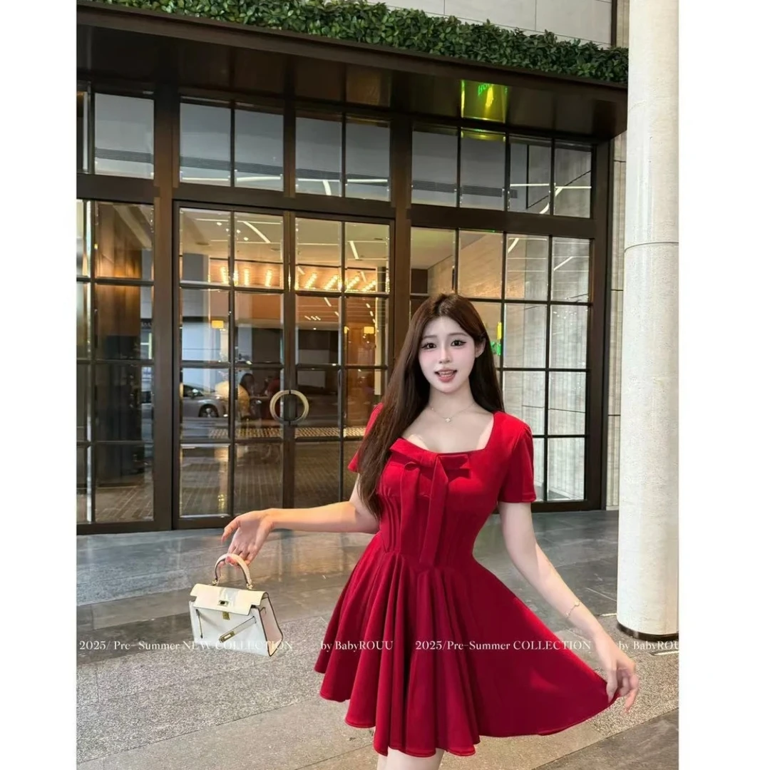 大白梨【玫瑰人生】微胖气质千金感蝴蝶结收腰大裙摆公主短袖连衣裙