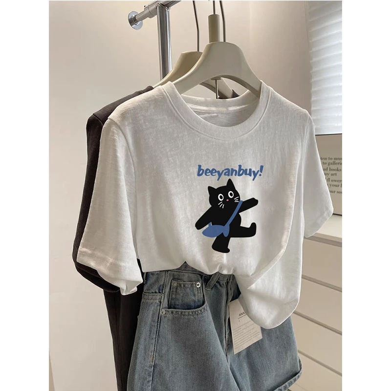 圆领雪花棉短袖白色T恤女优质棉基础款直筒版型休闲时尚日常夏季