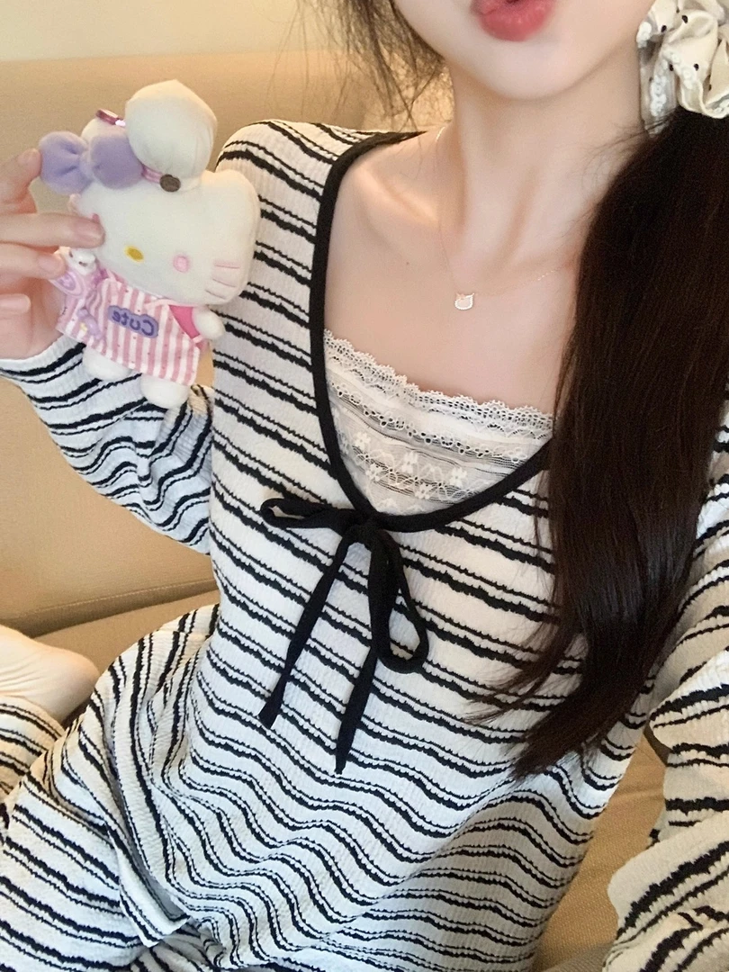 条纹睡衣女春秋季长袖长裤两件套装甜美花边家居服薄款秋冬