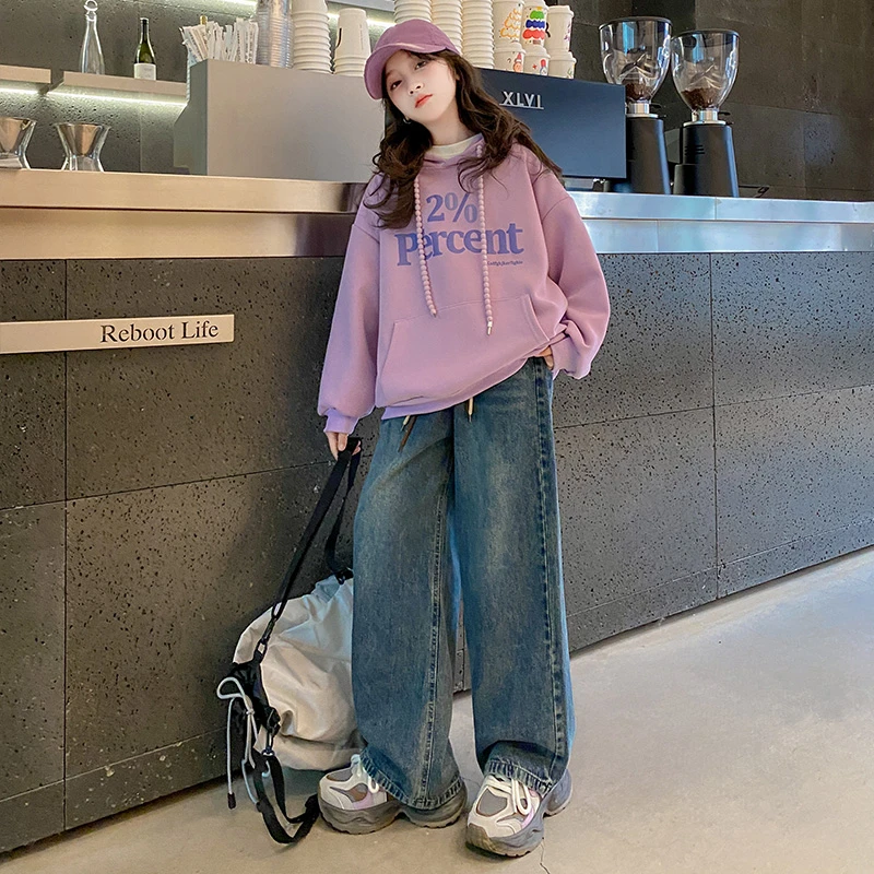 女童卫衣套装2025春季新款洋气运动牛仔裤两件套春秋大童韩范衣服