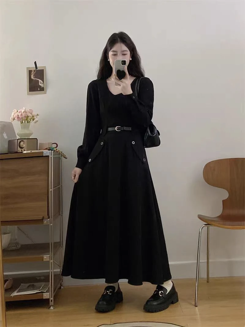 大码中长裙舒适法式春秋新款连衣裙长袖常规圆领胖妹妹显瘦裙子