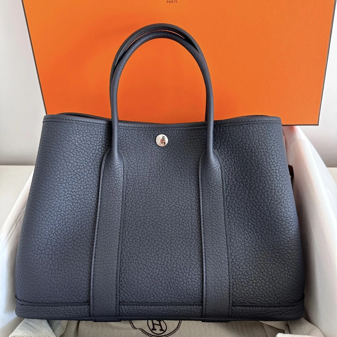 99新 Hermes/爱马仕 花园30午夜蓝银扣tc皮R手提包
