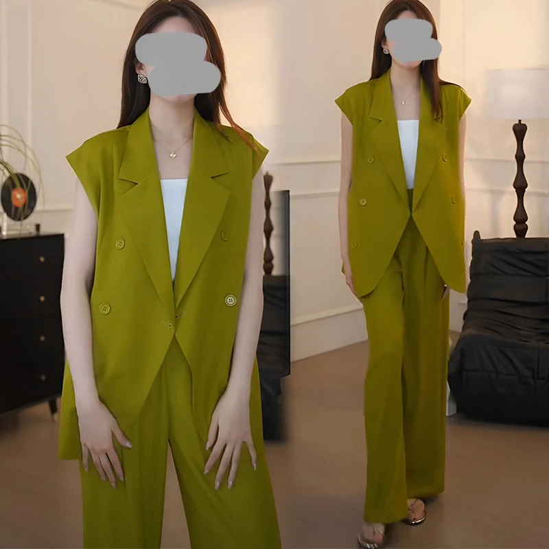 2025夏季新款韩版时尚通勤休闲百搭显瘦西服上衣+阔腿裤两件套女