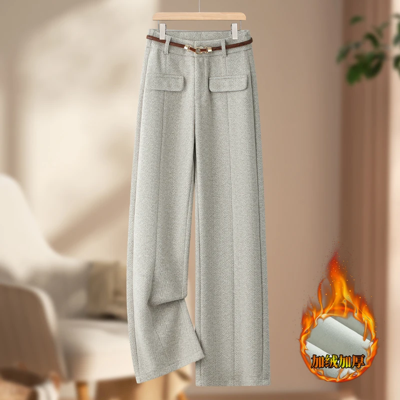 春秋窄版阔腿裤女小个子高腰裤子保暖毛呢休闲裤春秋冬加绒81639