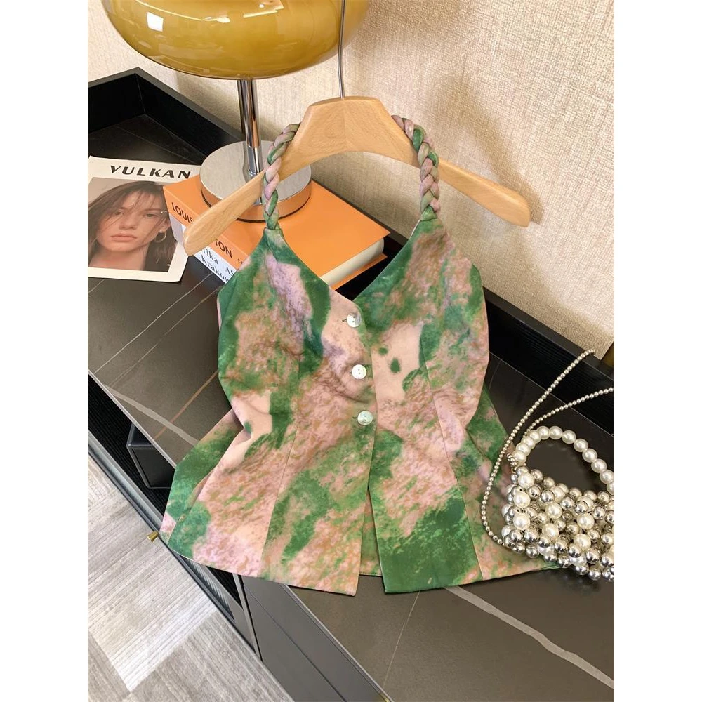 薄荷曼波风绿色晕染小吊带背心女夏季款高级感编织挂脖无袖小上衣