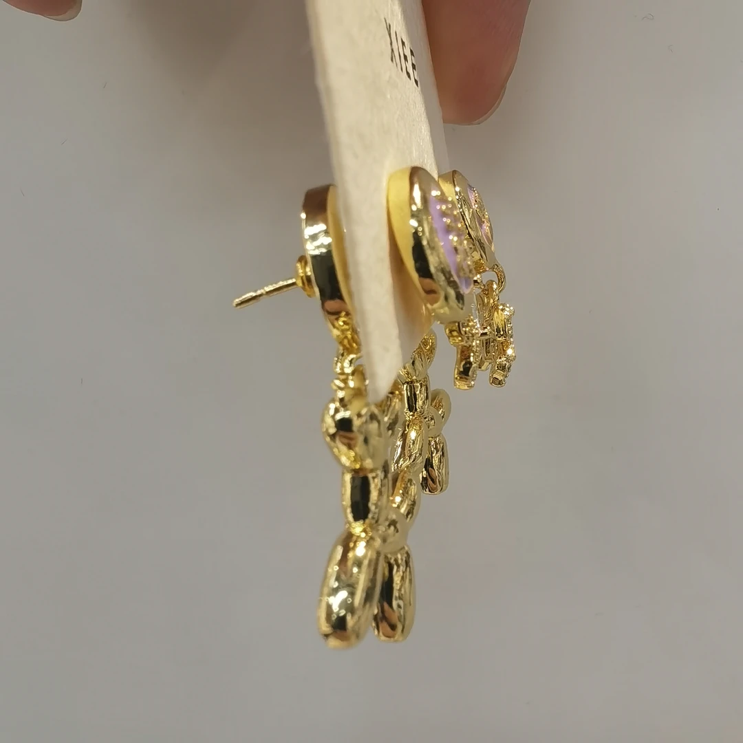 D580金色蝴蝶结闪闪气球狗耳钉耳饰