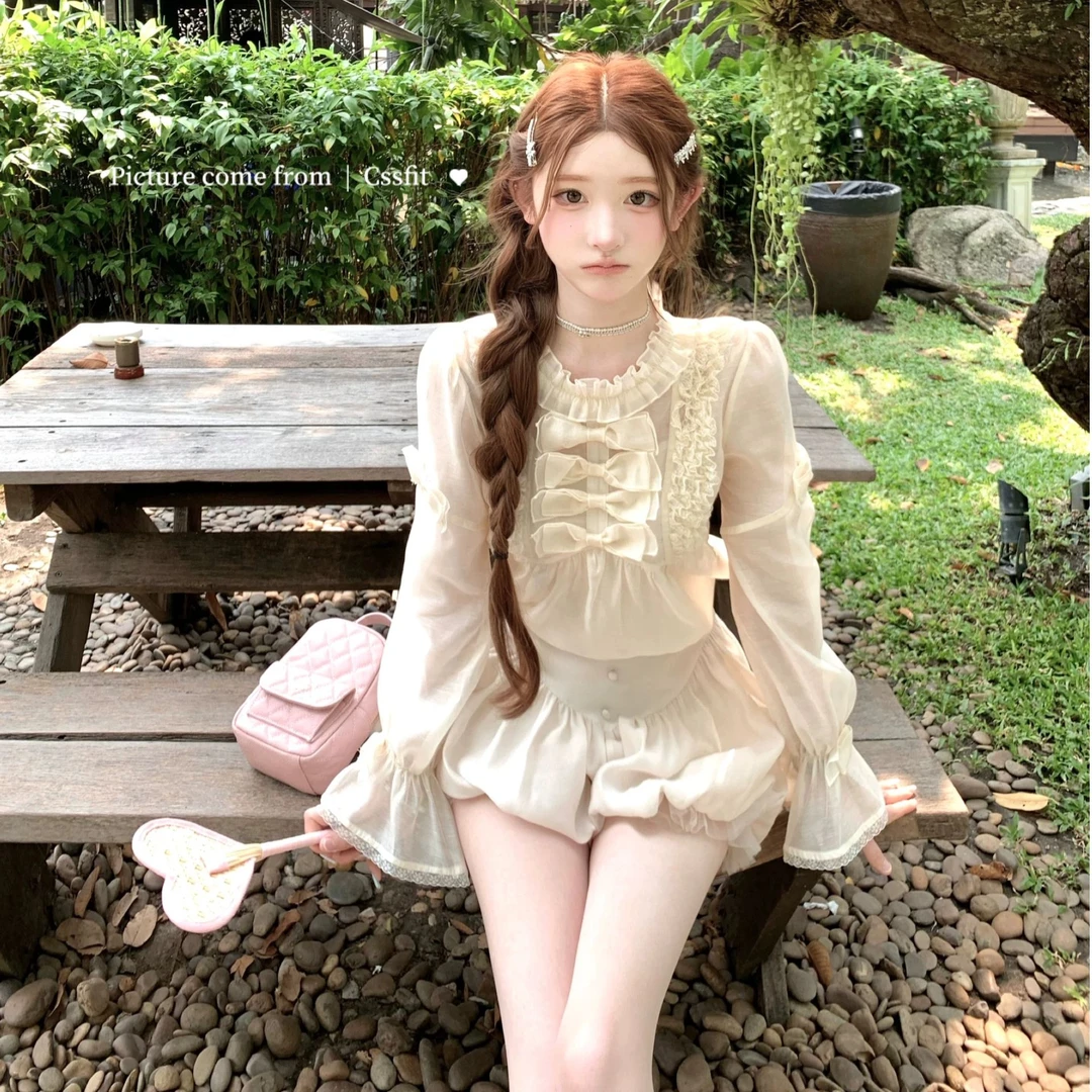 【人偶心跳】2025夏季木耳边重工蕾丝花边蝴蝶结香槟色衬衫花苞短裤