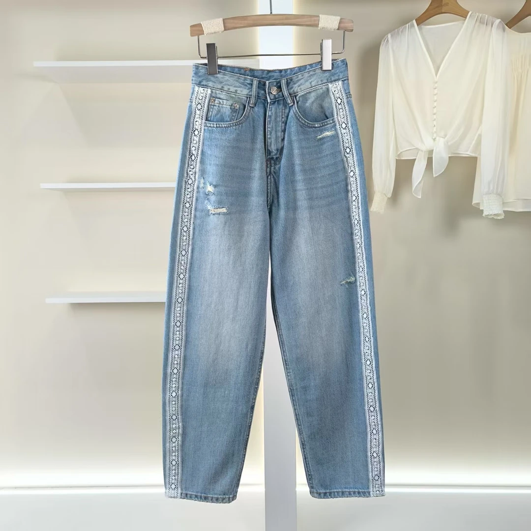 麦迪尚品【当季新款】50330124 春季拼接蕾丝牛仔哈伦裤品牌撤柜