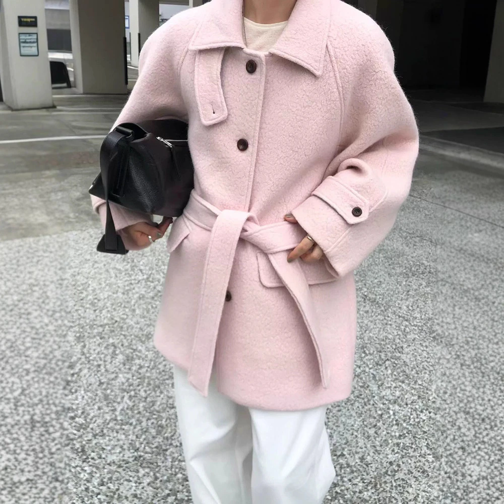 韩货-东大门韩系羊驼毛毛呢2025秋冬季粉色加厚单排扣大衣awe*r