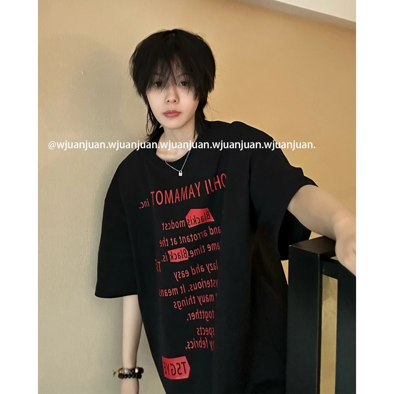 『WJUANJUAN』美式复古字母印花纯棉短袖2025重磅宽松男女短袖t恤