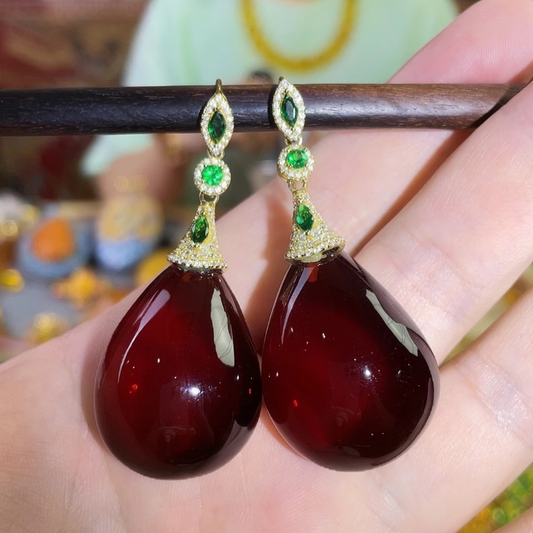 银S925镀金镶嵌琥珀耳环