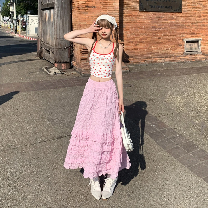 VWU 2025春夏新款粉色减龄肌理感多层次蛋糕裙泡泡褶皱半身裙