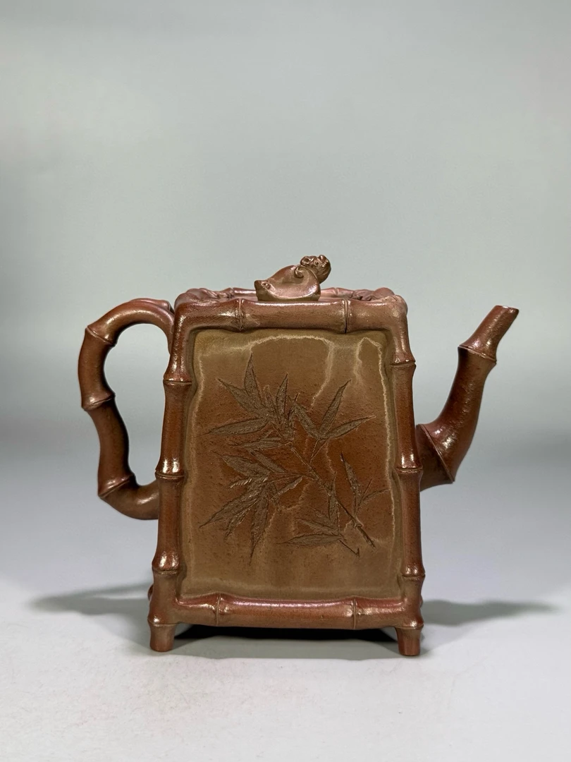 刻绘福寿方竹 壶落款「陈鸣远」容量约400cc 尺寸16×7.9×13cm
