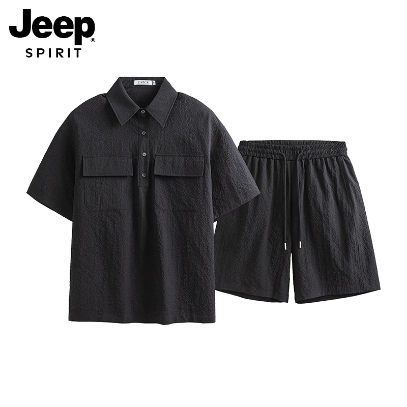 吉普时尚男装夏季两件套2025新款宽松翻领短袖衬衫休闲运动一整套