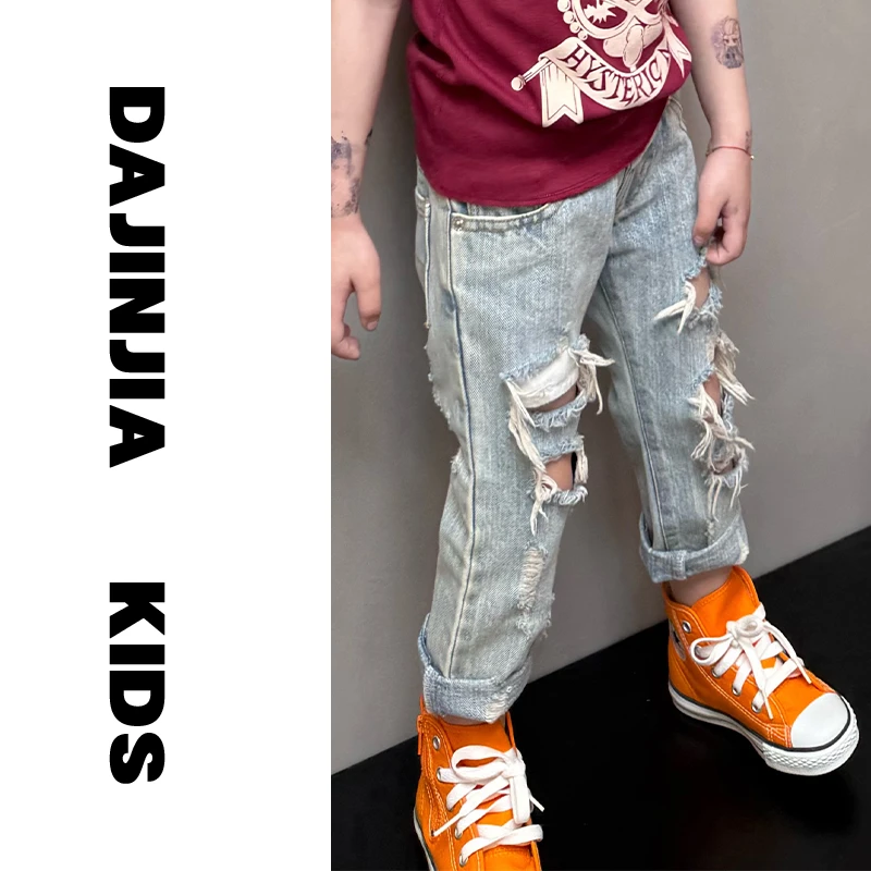 大金定制新款早春新款轻奢风定制浅蓝色破洞裤百搭个性潮酷裤