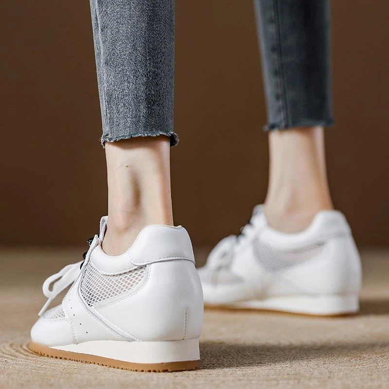 内增高德训鞋女2025夏季新款网面透气女鞋真皮小白鞋薄款阿甘鞋女