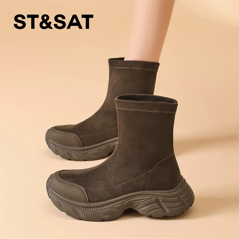 星期六黑色短靴女款2025新款秋季厚底靴子百搭休闲小个子轻奢女鞋