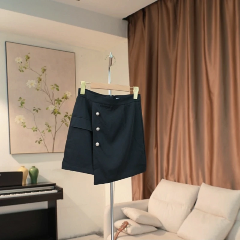 G389 单排扣饰防走光内衬不对称高腰半身裙女 137C83