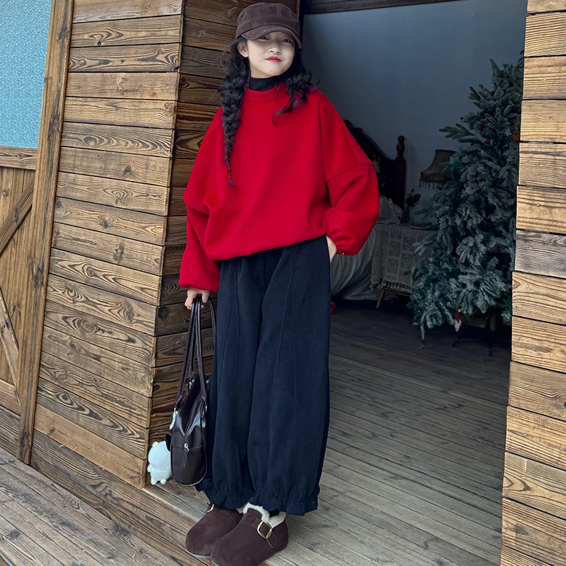 女童卫衣韩版秋冬季洋气红色新年羊毛呢子上衣中大童休闲套头内搭