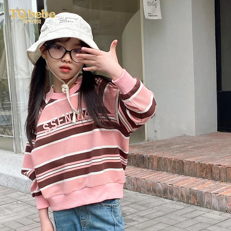 女童卫衣2025春季新款撞色条纹长袖不规则领口休闲女大童宽松卫衣