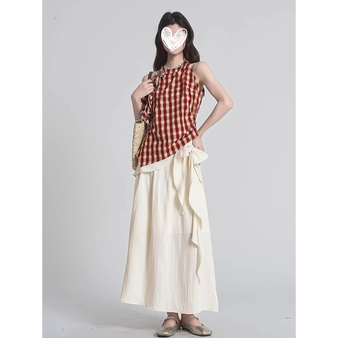 复古系带格子挂脖吊带背心女2025夏季新款设计感不规则上衣6811#