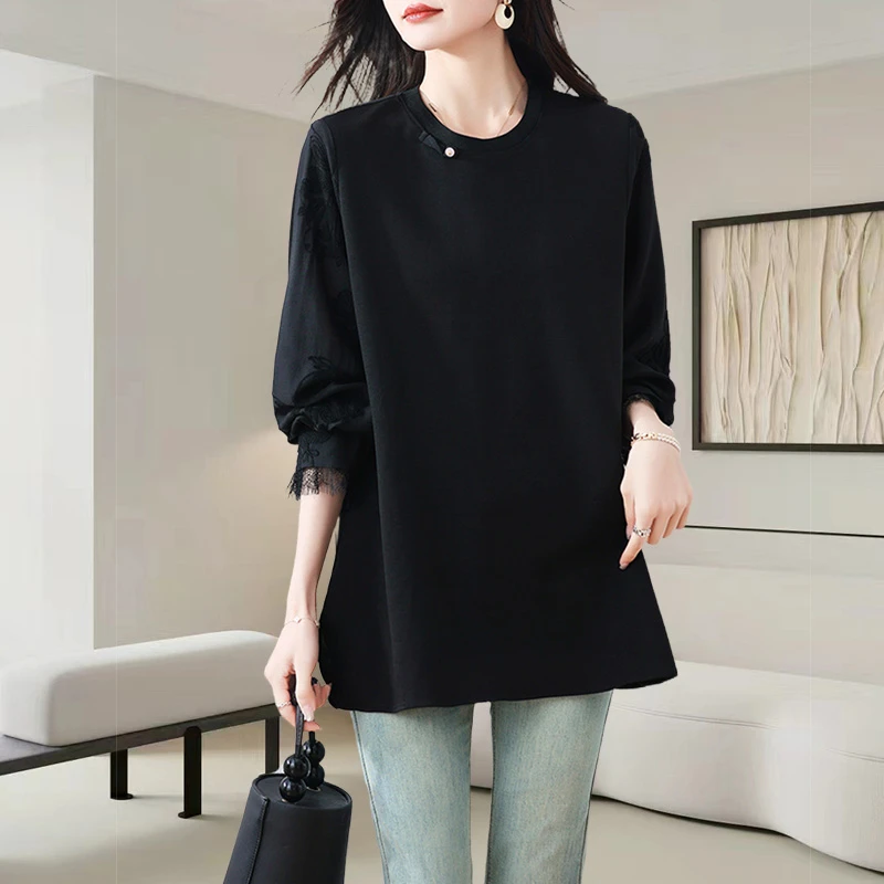 新中式蕾丝拼接卫衣女士2025秋款小众设计宽松显瘦圆领百搭上衣