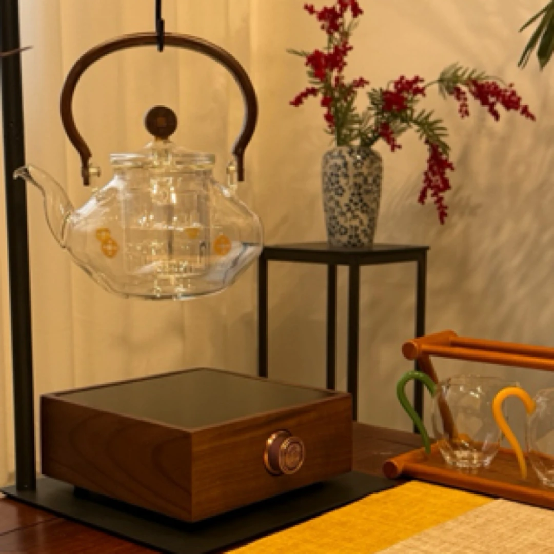 实木炉高硼硅玻璃侧把壶