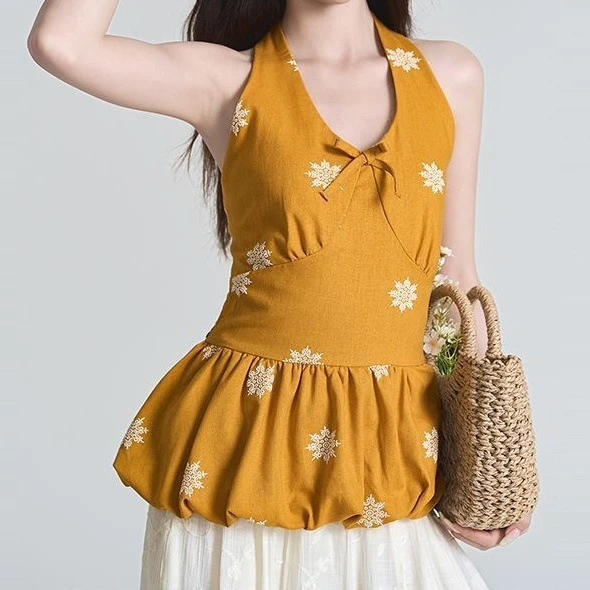 2025夏季吊带背心女新款韩版甜美印花挂脖薄款设计感显瘦洋气外穿