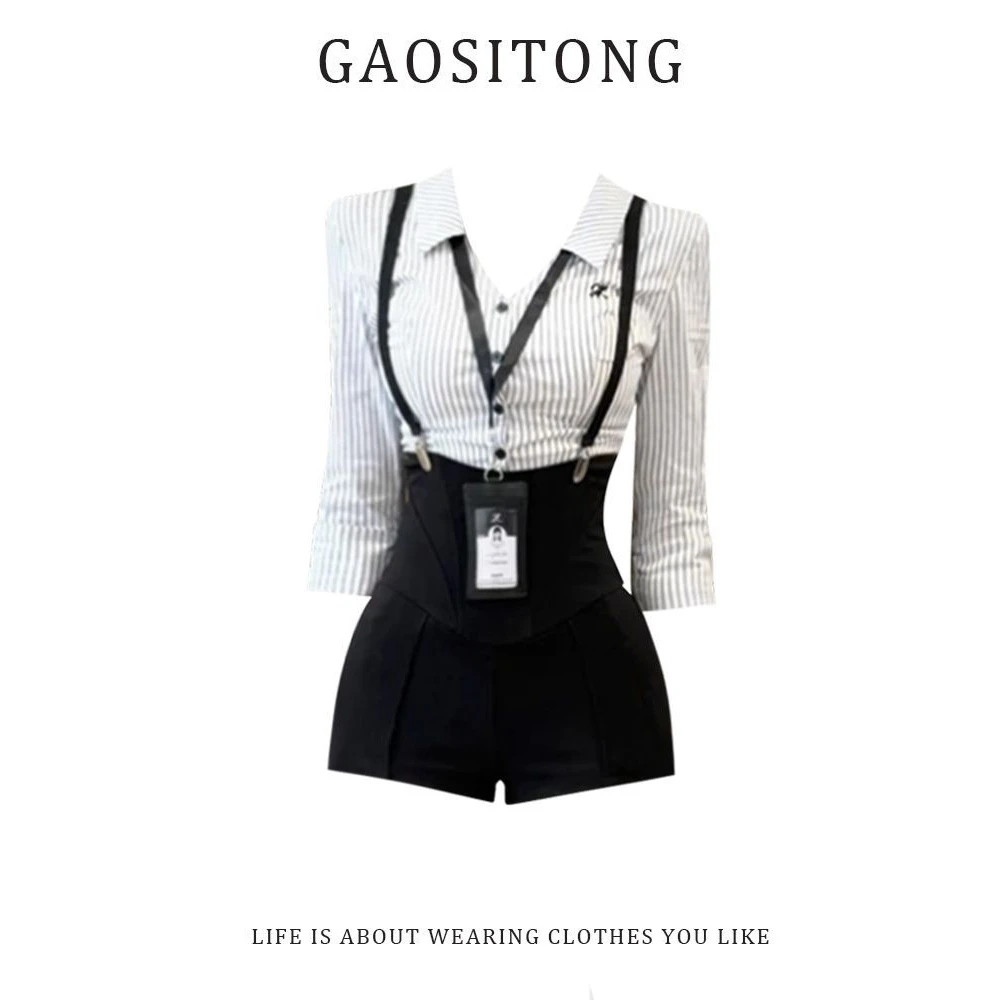 纯欲御姐风复古条纹衬衣女夏季2025新款显瘦修身高腰背带短裤套装