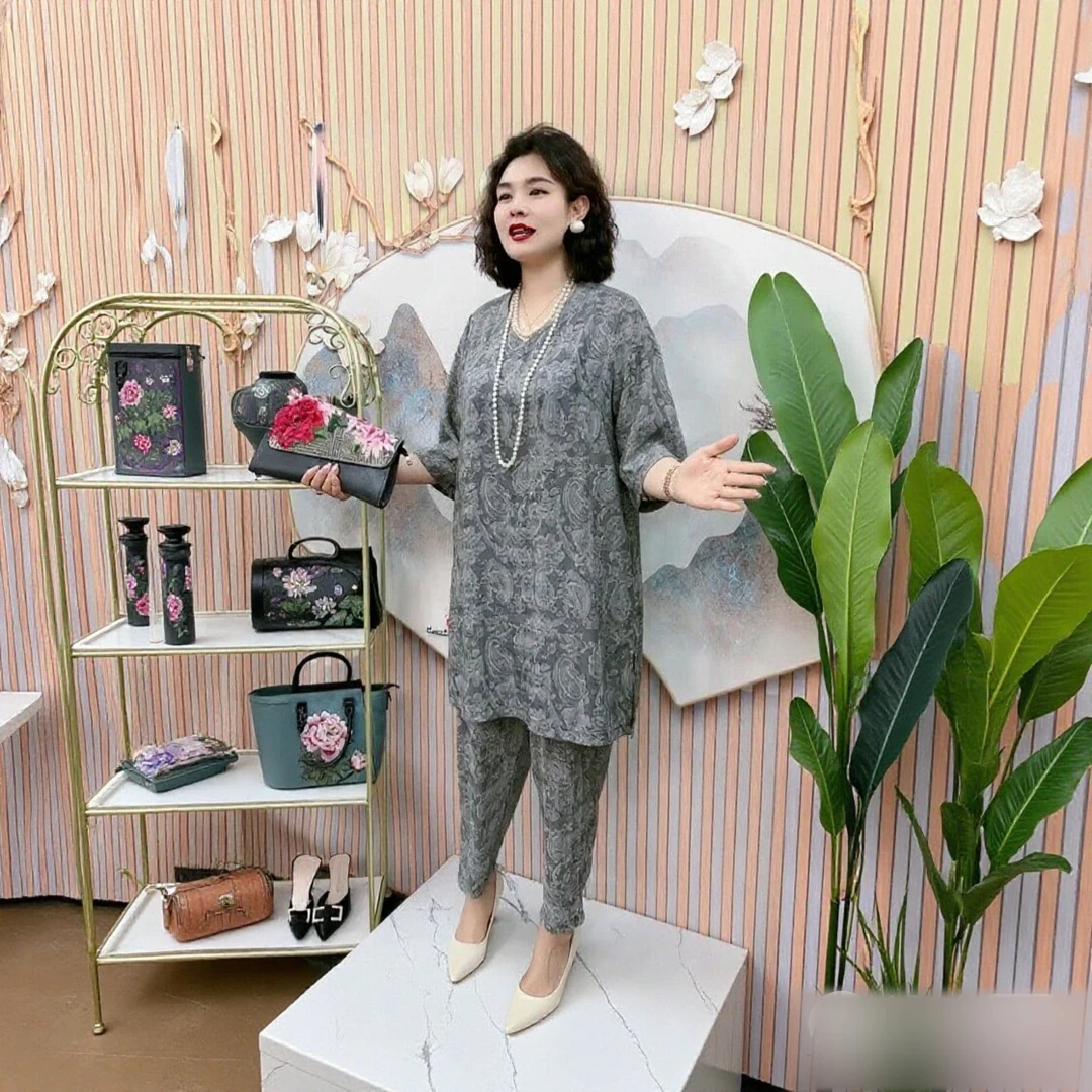 套装妈妈装通勤时尚提花上衣短袖休闲大码宽松减龄中老年两件套女
