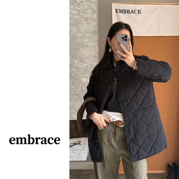 embrace 灯芯绒翻领菱形绗缝保暖棉服夹棉外套
