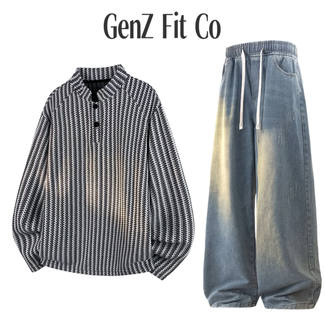 GenZFitCo港风长袖秋季鱼骨纹撞色卫衣上衣抽绳复古休闲套装