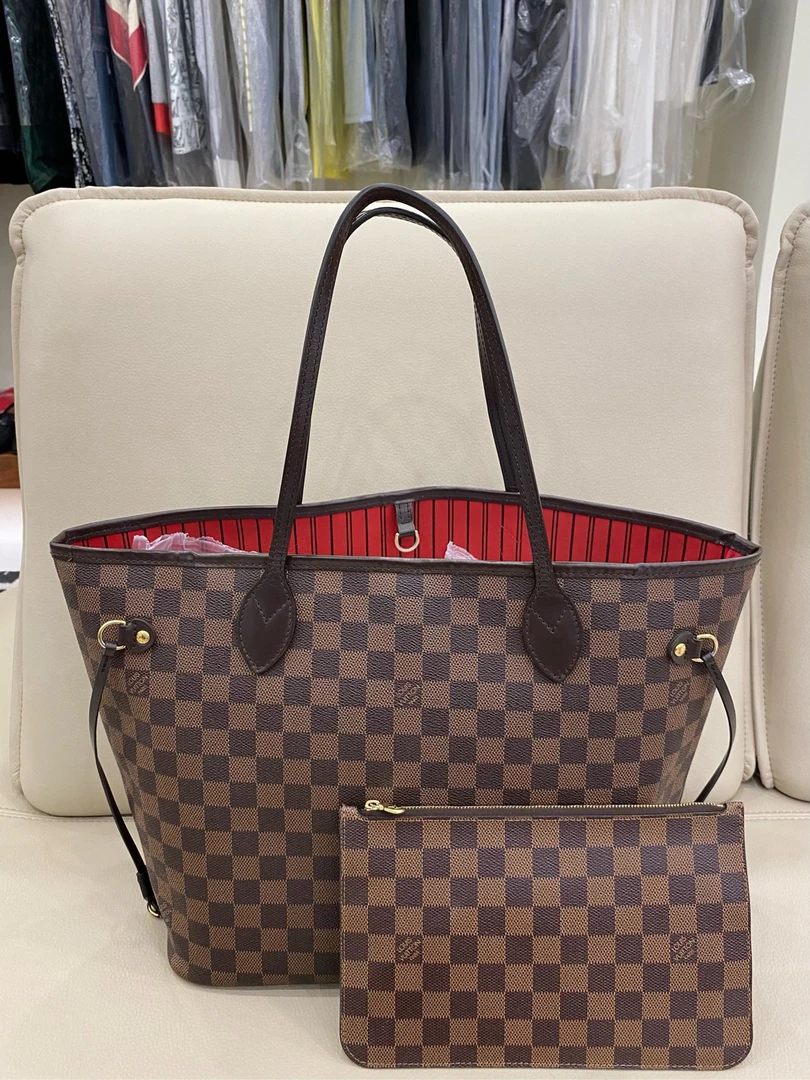 95新 LouisVuitton/路易威登 Neverfull 中号 棋盘格购物袋子母袋
