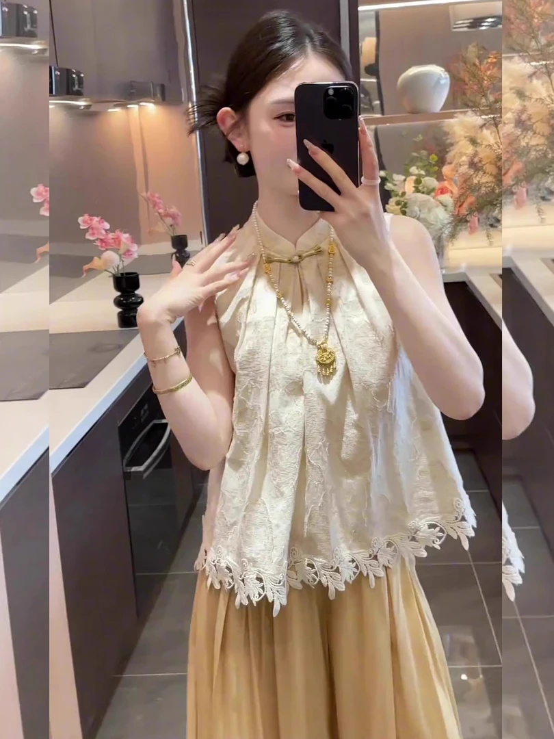 新中式国风套装女夏季大码胖mm蕾丝刺绣无袖上衣阔腿裤高级两件套