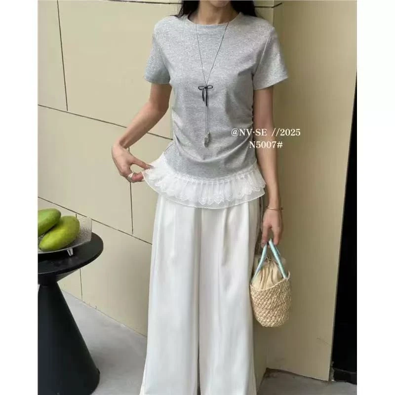 6605少女感 蓬蓬蕾丝花边褶皱短袖T