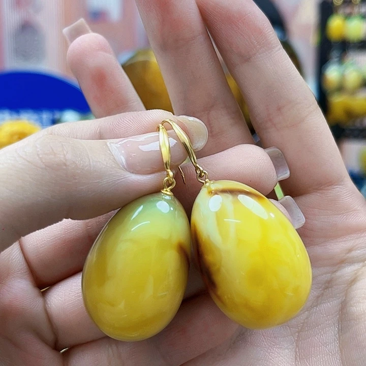 蜜蜡银S925镶嵌裸石耳环