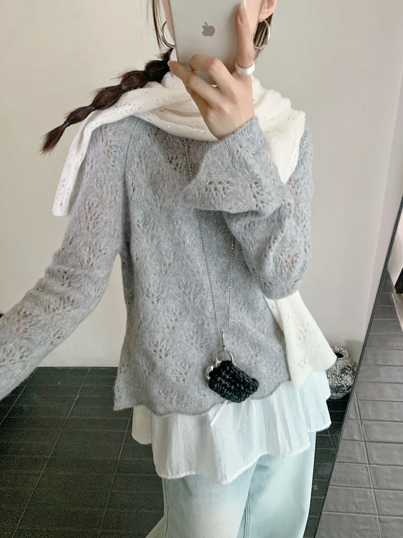 【素简.970181】秋冬新款驼羊绒挑洞喇叭袖设计女装针织衫