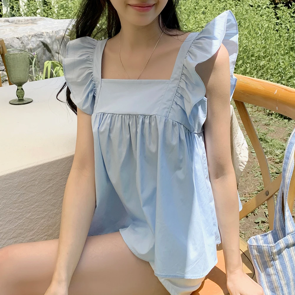 韩国东大门前后穿法式荷叶边方领飞飞袖夏季减龄后背蝴蝶结小衫女