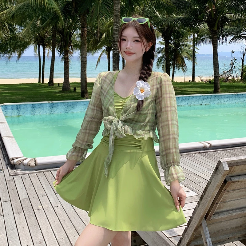 夏季时尚长袖纯欲风泳衣遮肚显瘦小胸聚拢高级感游泳装游泳衣保守