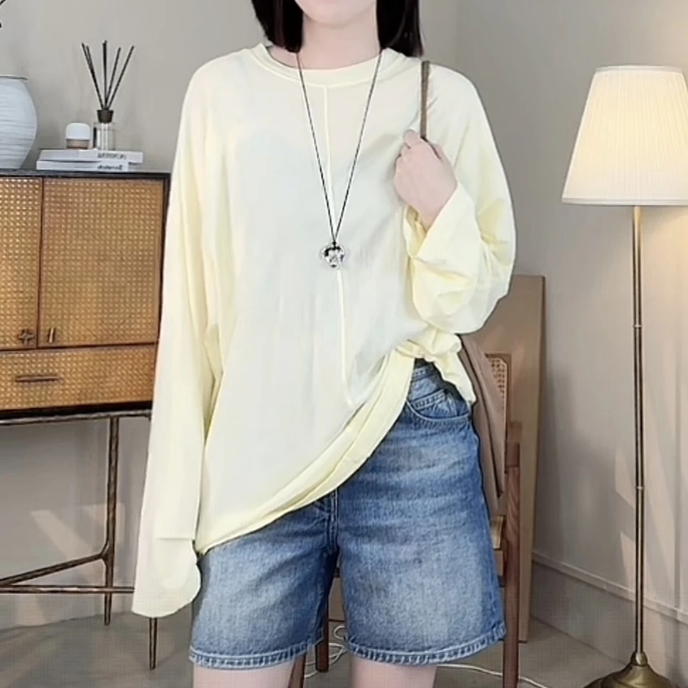 【纯棉四色】针织长袖中长款时尚套头老钱风白色宽松型圆领T恤K78